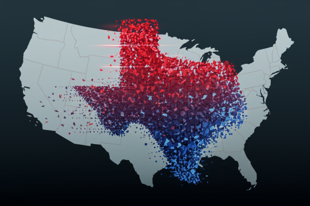 An illustration of the Texas state outline breaking free, symbolizing independence and innovation.